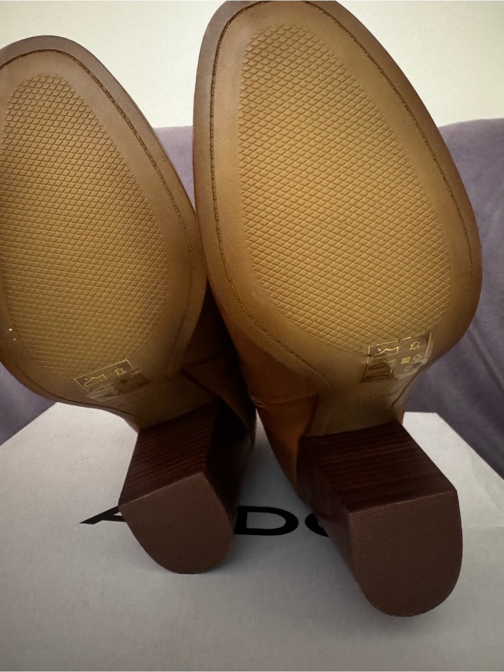 Aldo Cognac Tan Leather Block Heel Ankle Boots with Gold Zipper - Picture 4 of 4
